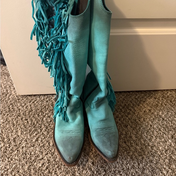 LIBERTY Black Shoes - LIBERTY Black Turquoise Heeled Boots with Fringe